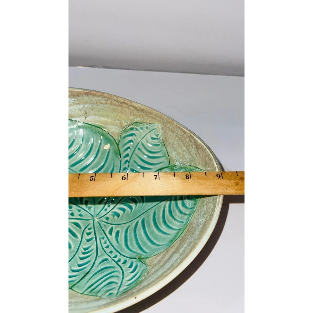 Wendy Wrenn Studio Pottery Leaf Embossed Serving Bowl 9in Teal Green Ceramic